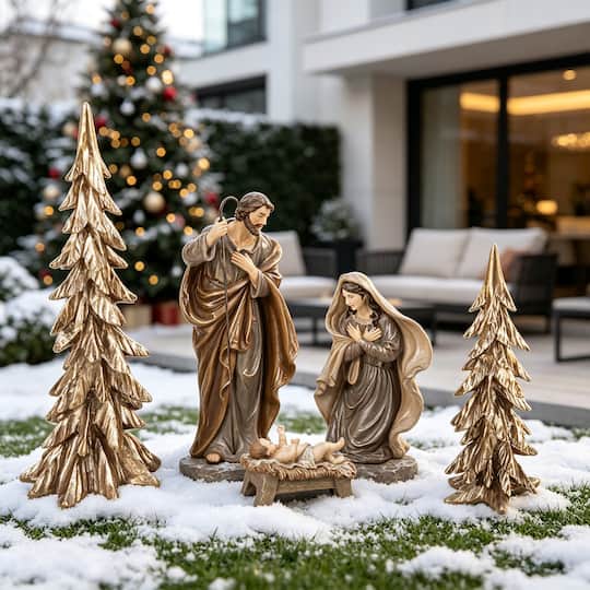 Glitzhome® 5-Piece Brown Resin Holy Family & Christmas Trees Figurine Set